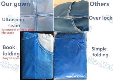Ultradźwiękowe klejenie Jednorazowe suknie egzaminacyjne, nieprzepuszczalne SMMS Jednorazowe fartuchy Wzmocnione tkaniny w klatce piersiowej