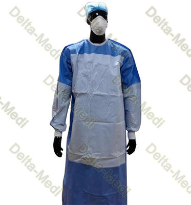 Jednorazowa suknia chirurgiczna z dzianiny PP SMS z rzepem na szyję, wzmocniona na pół rękawach